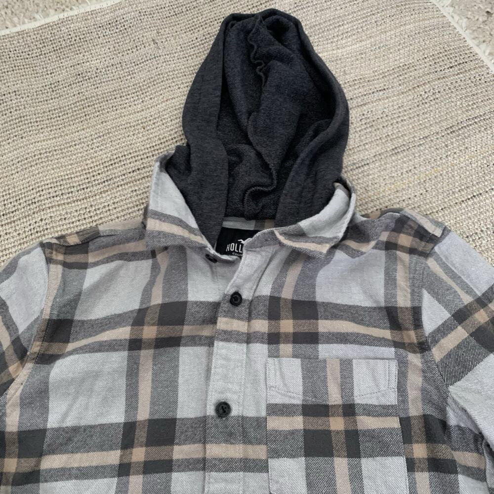 Hollister Plaid Hooded Button Up Shirt Mens XS Long Sleeve Brown Plaid Gray